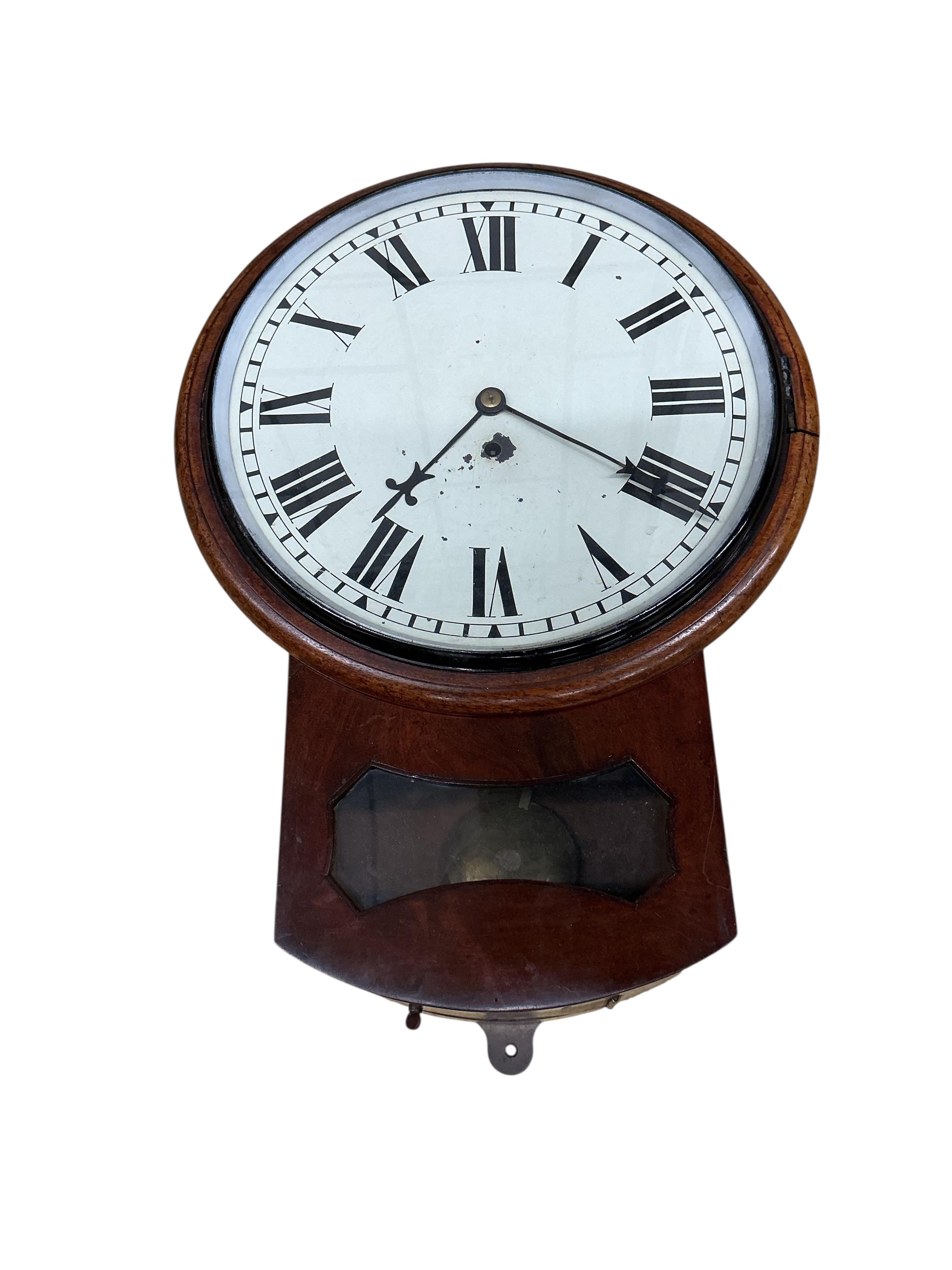A Victorian mahogany drop dial wall timepiece, with painted Roman dial and visible pendulum, height 49cm